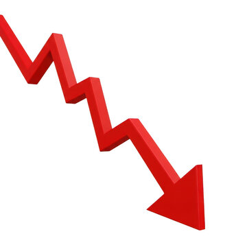 Red downward arrow with jagged line indicating a decrease, isolated on transparent background