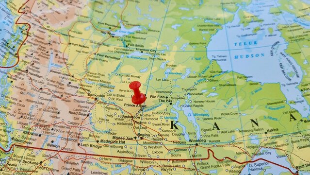 View of Prince Albert, is the third-largest city in Saskatchewan, Canada, after Saskatoon and Regina, on a geographical map of America, marked with red push pin