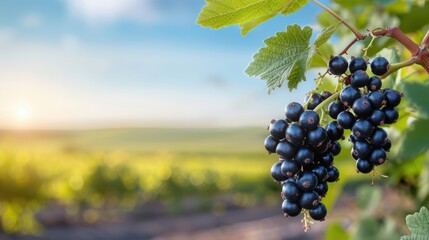 Fototapeta premium Black currant bush with clusters of ripe black currants hanging from branches under a clear blue sky, showcasing a bountiful harvest.