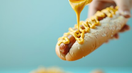 Yellow mustard squeezed onto a hot dog, capturing its bright yellow hue and creamy consistency.