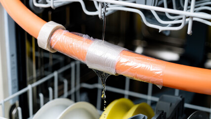Dishwasher with visible orange pipe and exposed inner parts during maintenance process