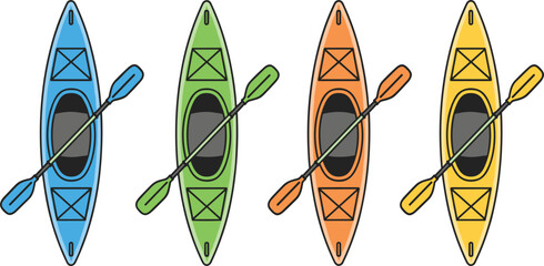 Colorful Kayaks with Paddles Collection in Top View Hand Drawn Flat Vector Illustration © munzuara