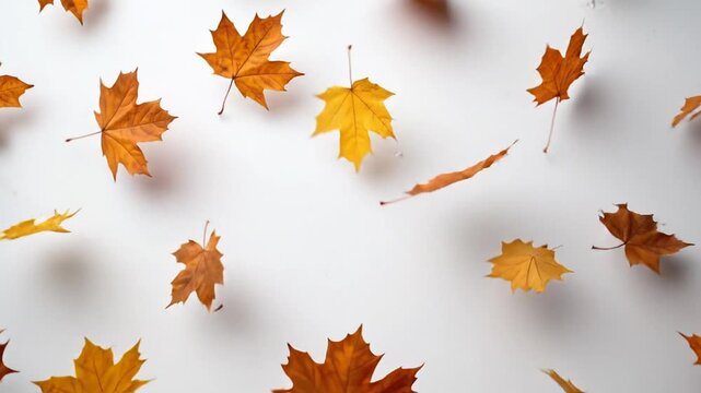 Autumn maple leaves scattered on a white background, creating a vibrant seasonal display.