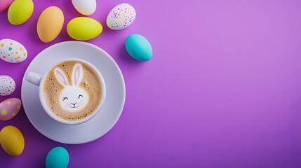 A cup of coffee with a bunny face on the foam next to Easter eggs on a purple background &mdash; a creative drink, a festive concept, a studio still life