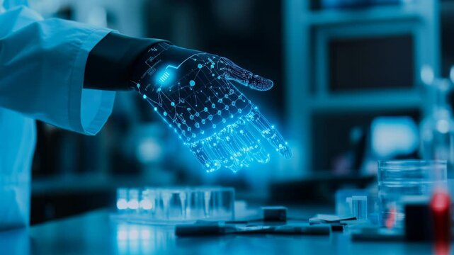 gloved hand holographic circuitry on bench, researcher in white coat reaches toward electronic components and test vessels, blue neon illumination casts