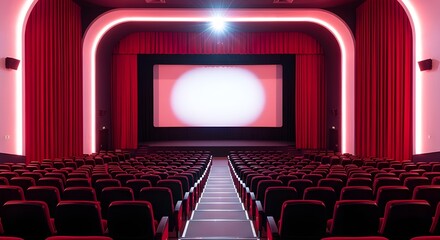 Fototapeta premium Empty cinema with red seats, stage, and large screen, dramatic lighting
