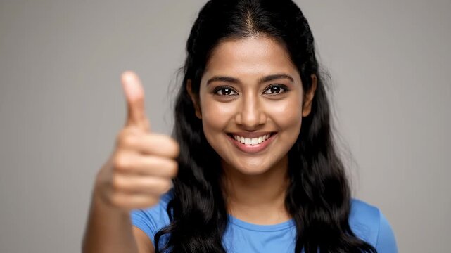 A smiling young woman giving a thumbs up gesture to the camera in a studio setting