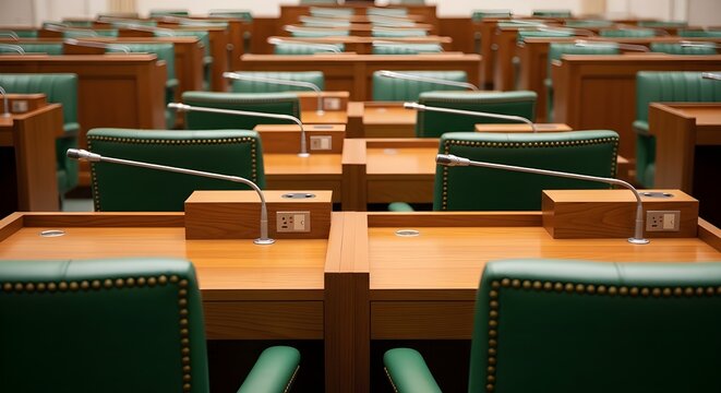 Courtroom benches with green leather chairs and microphones, polished wood desks