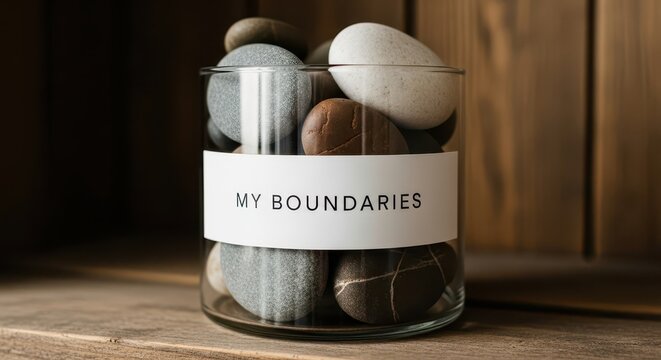 Smooth polished stones fill a glass container labeled with a personal statement about limits.