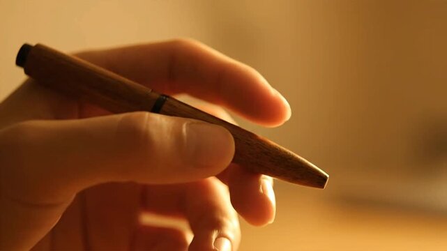 Close-up of a hand holding a wooden pen, focusing on writing and creativity
