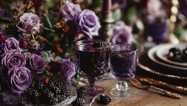 Enchanting Purple Elixirs with Blackberries, Deep Violet Roses, and Golden Accents on a Dark Table.