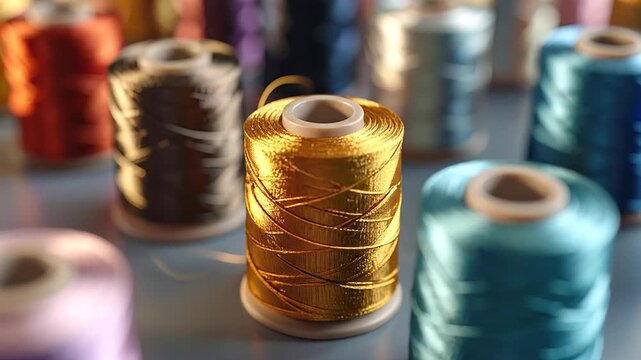 Close-up of colorful sewing thread spools arranged on a reflective surface, showcasing various vibrant colors.