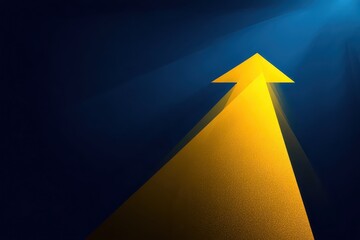 Golden Arrow Pointing Upward with Sunbeam on a Dark Blue Background Concept of Progress and Direction Shiny Texture Illuminated Directional