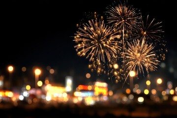 Golden Fireworks Exploding in the Night Sky over City Lights with Dark Background and Bokeh Effect for Celebration Event