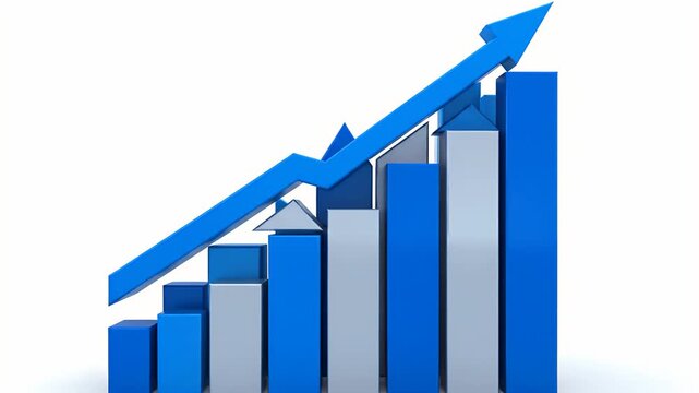 A 3D bar graph showing a blue upward trend with increasing bars and a large arrow pointing upwards