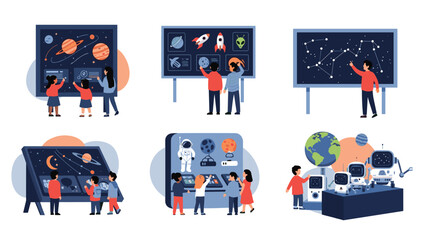 Naklejka premium Educational scenes showing children and adults interacting with interactive space exhibits about planets and astronomy in a museum.