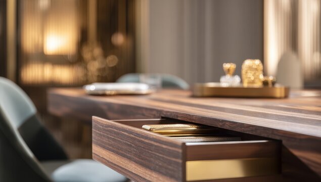 Luxurious Modern Wooden Desk with Open Drawer and Golden Accent in Elegant Interior.