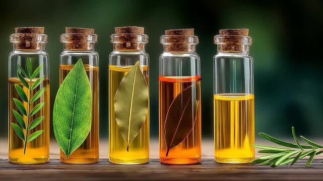 Essential oil bottles with corks and vibrant liquids concept image