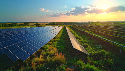 A large solar panel farm sits in a green field under a bright sunny sky with scattered clouds at sunset