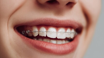 Teen with braces shows smile in a close-up photo taken indoors during a dental appointment