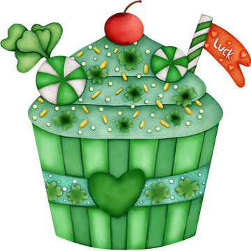 St. Patrick's Day Cupcake Watercolor Illustration