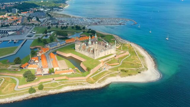 Helsingor, Denmark. A 16th-century castle with a banquet hall and royal chambers. The prototype of Elsinore Castle in the play Hamlet. Drone footage, Point of interest