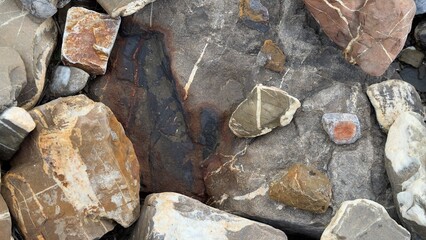 The patterns, colors, and variety of ore content on the stones in the streambeds are indicators that gold may be present.