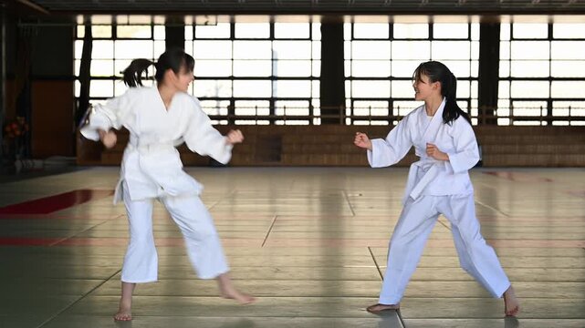 空手教室で組手の練習をする小学生の女の子二人　真剣な眼差しの武道少女