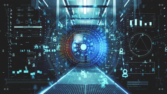 Data center flythrough with digital code overlay and AI-inspired eye structure