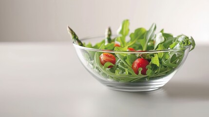 Asparagus salad with mixed greens, cherry tomatoes, and a light vinaigrette in a clear glass bowl.