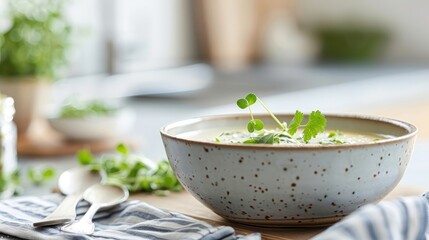 Turnip-based soup garnished with fresh herbs, served in a rustic bowl on a kitchen counter.