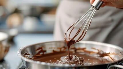 A hand holding a whisk dripping with chocolate batter.