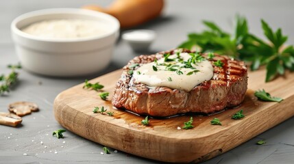 Mushroom cream sauce as a luxurious topping for grilled steak, garnished with fresh herbs on a rustic wooden board.