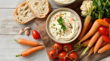 Aioli in a dipping bowl, served with roasted vegetables and crusty bread on a rustic wooden table.