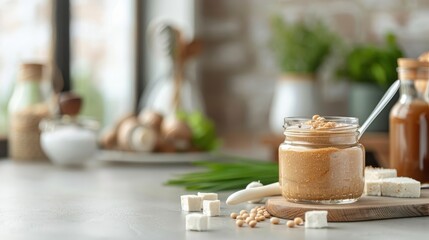 Soybean paste (doenjang) in a glass jar with a spoon, beside tofu, mushrooms, and scallions on a modern kitchen counter.