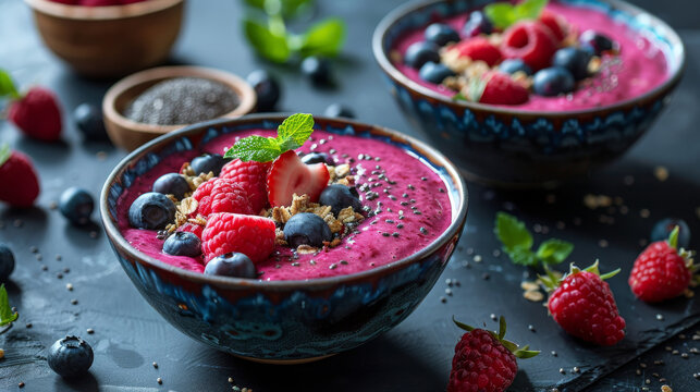 Healthy berry smoothie bowl topped with fresh raspberries and blueberries. Organic vegan breakfast on a dark rustic table with mint and chia seeds.