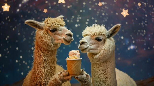 Whimsical scene of two fluffy alpacas sharing ice cream under a starry night sky. Surreal fantasy animal concept art with magical lighting.
