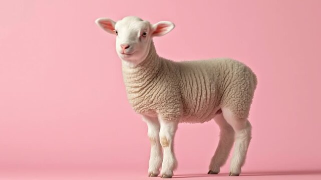 Full body shot of a curious and fluffy little lamb standing still and carefully observing its surroundings while turning its head, all against a clean and solid pink studio background