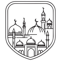 Obraz premium Minimalist Islamic Mosque Architecture Illustration Featuring Domes and Minarets within a Shield Frame, Clean Black and White Line Art for Religious Branding and Cultural Emblems.