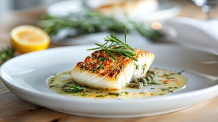Pan-Seared Cod, flaky white fish with a crispy crust, served with a caper butter sauce.