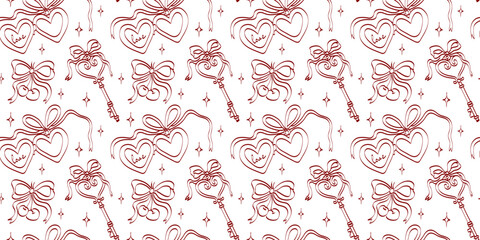 Fototapeta premium Colorful design of hearts and keys with bows on a white background