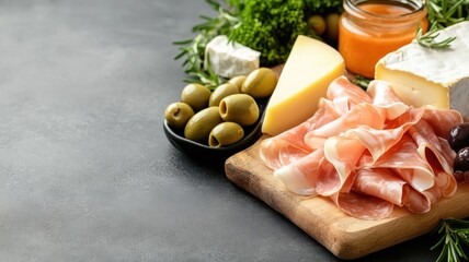Top-down view of a charcuterie board with prosciutto in intricate folds, surrounded by cheeses, olives, and bread, perfect for gatherings.