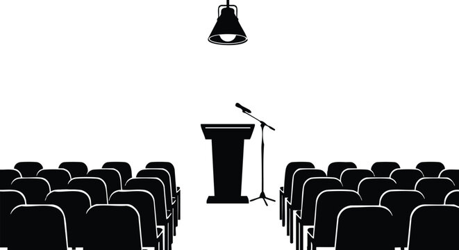 Minimalist black and white vector art of empty podium with microphone stand facing rows of chairs under single ceiling light focused on stage setup for public speaking or presentation
