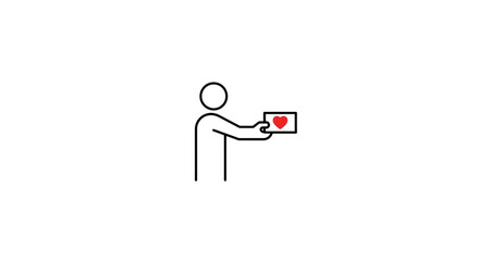 Fototapeta premium Abstract line art showing a person extending a gift or message of affection, featuring a small card adorned with a bright red heart, symbolizing love, gratitude, and thoughtful sharing
