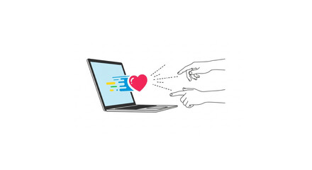 Naklejka premium Digital connection and love represented by a laptop displaying a heart and two hands reaching out on a white background