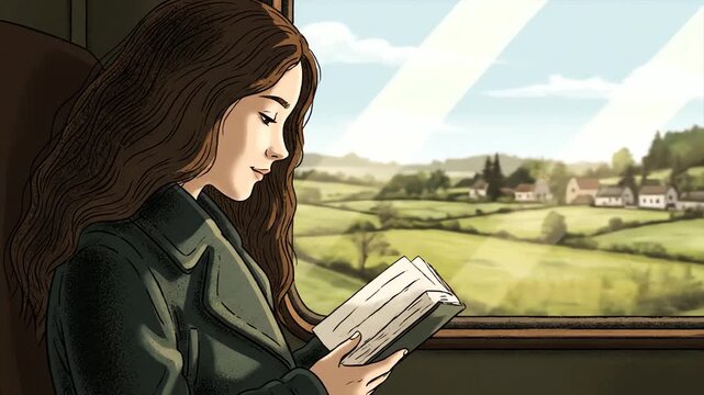 Woman Reads Book On Train with Green Fields and Clear Sky Viewed Through Window in Cartoon Style Illustration