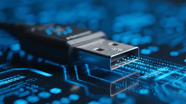 Detailed View of Silver Usb Plug on Dark Blue Circuit Board with Glowing Lights Computer Technology Concept Data Transfer Connection