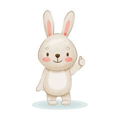 Obraz premium Cute kawaii bunny shows a thumbs up. Vector illustration imitating hand drawn drawing. Hare illustration with textured effect. Isolated on white vector