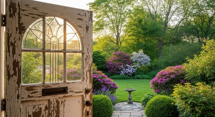 Obraz premium Weathered entryway opens onto a vibrant, lush garden blooming with colorful shrubs in bright sunlight