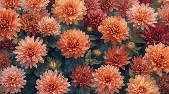 Seamless Peach Chrysanthemum Flower Background Pattern with Elegant Botanical Texture